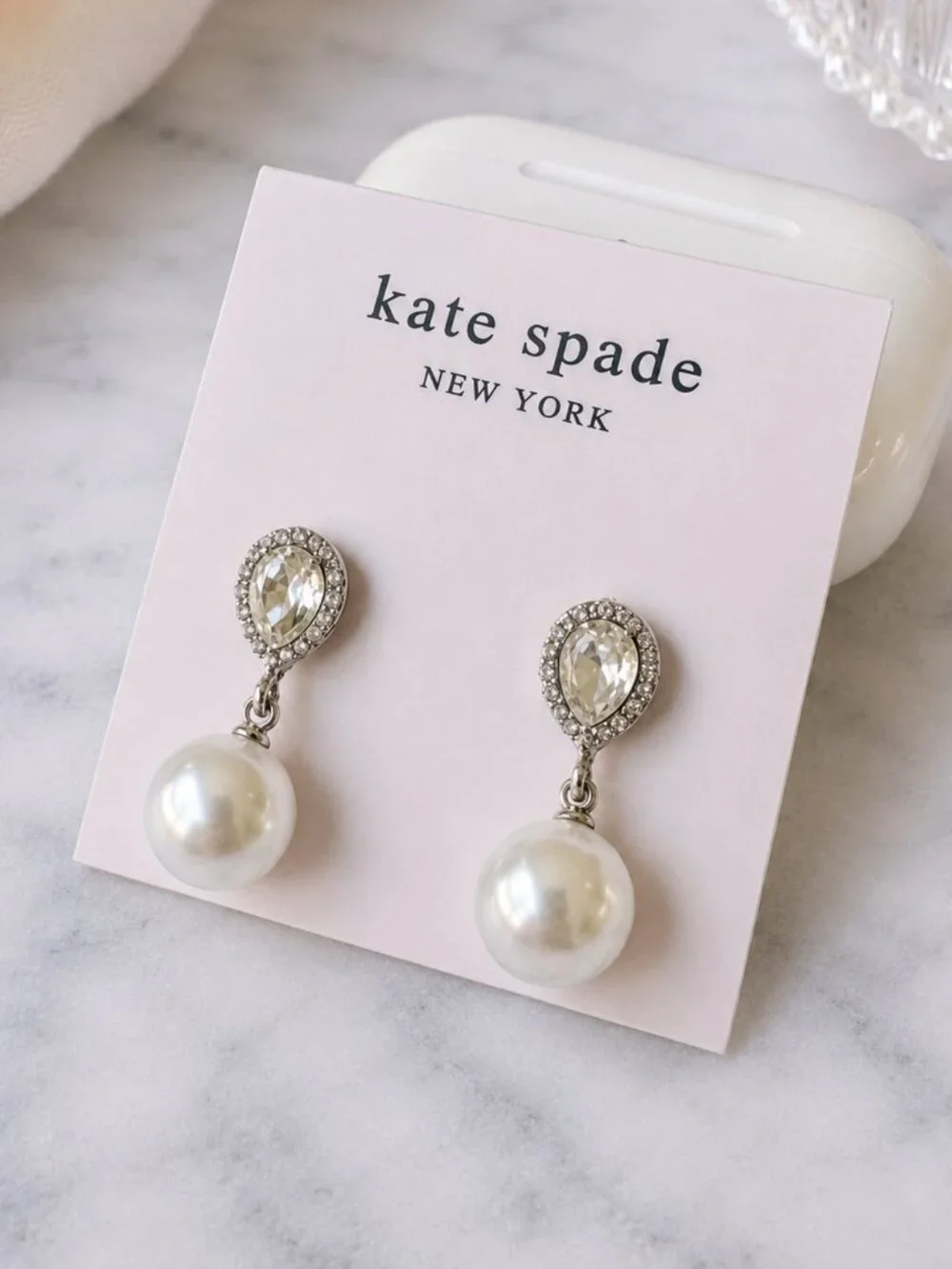 Kate Spade Pearl Crystal Drop Earrings Silver Teardrop Bridal Wedding Dangle